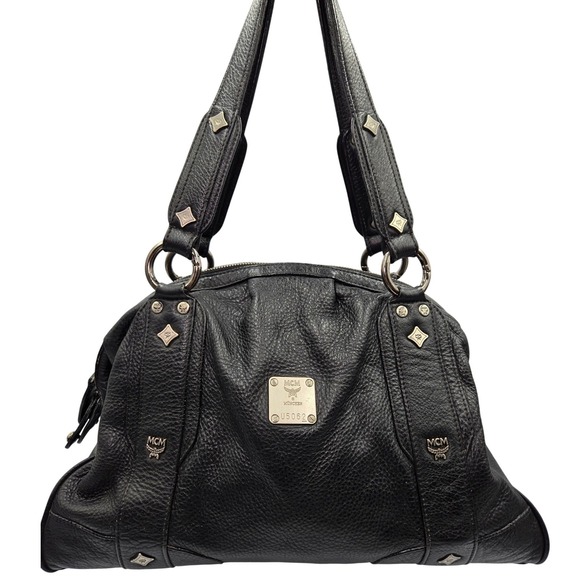 MCM München Satchel Bag Black Leather Studded Logo Designer Handbag Purse - Picture 1 of 10
